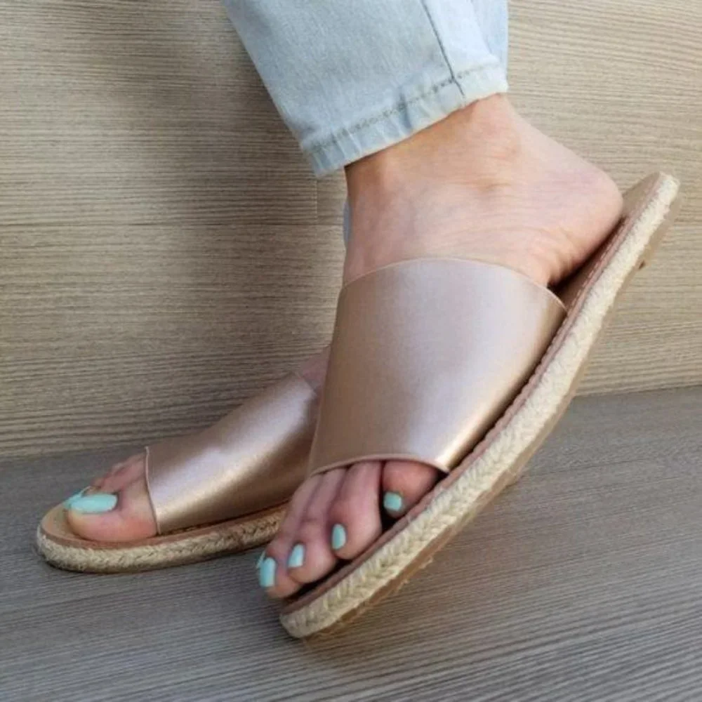 Rose Gold Slip on Slider Flat Sandal Espadrille - Picture 4 of 7